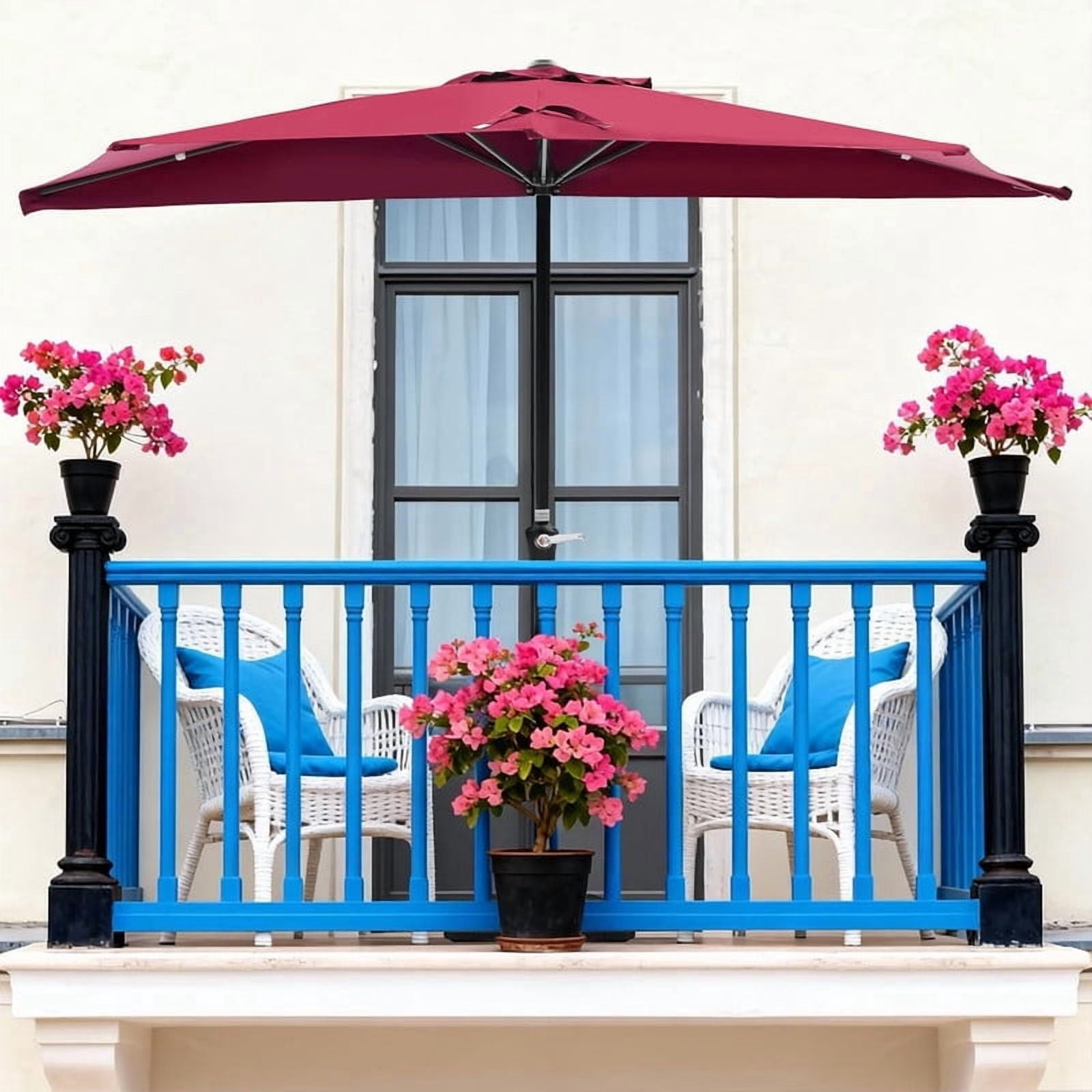 Simenmax 9 FT Half Umbrella Outdoor Patio, Scalloped Half Umbrella with Crank, Space-Saving Design for Poolside, Terrace,Red
