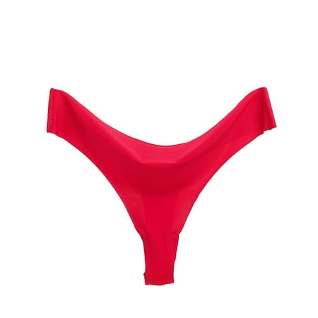 

BIZIZA Women T-Back Thongs Thin G-string Mid Waist Sexy Panties Lingerie Ice Silk Deep Red L