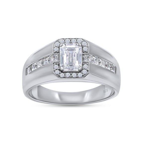 1 1/2 Carat Center 7X5MM Emerald & Princess, Round Cut Lab Created Moissanite Diamond Men's Halo Engagement Wedding Band Ring In 14K White Gold Over Sterling Silver (Clarity : VVS1, 1.50 Cttw)-8