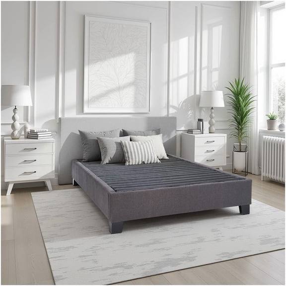 Modern Upholstered Platform Bed Frame for Queen Size, Grey Fabric Bed Base with Wood Support, No Box Spring Needed for Guest Room or Apartment