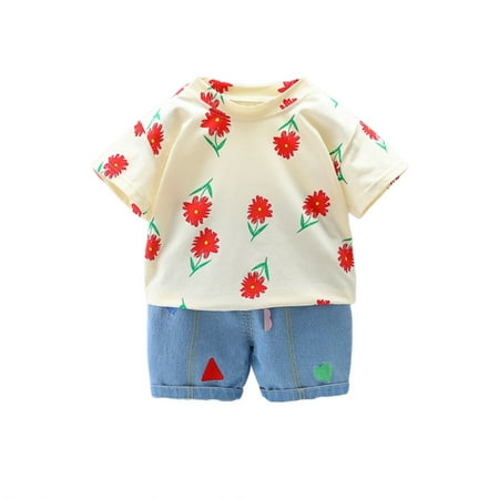 

Toddler Summer Boys Girls Summer Clothes Suit Sunflower Flower Print Short Sleeve T Shirt Denim Shorts 2Pc Kids Clothes