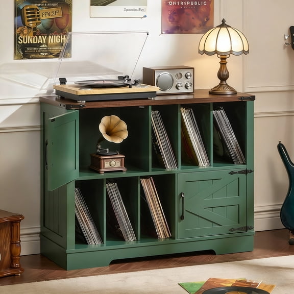 LELELINKY Large Record Player Stand Holds 450 Albums, 39" Farmhouse Wood Storage Cabinet with Barn Doors for Living Room, Green