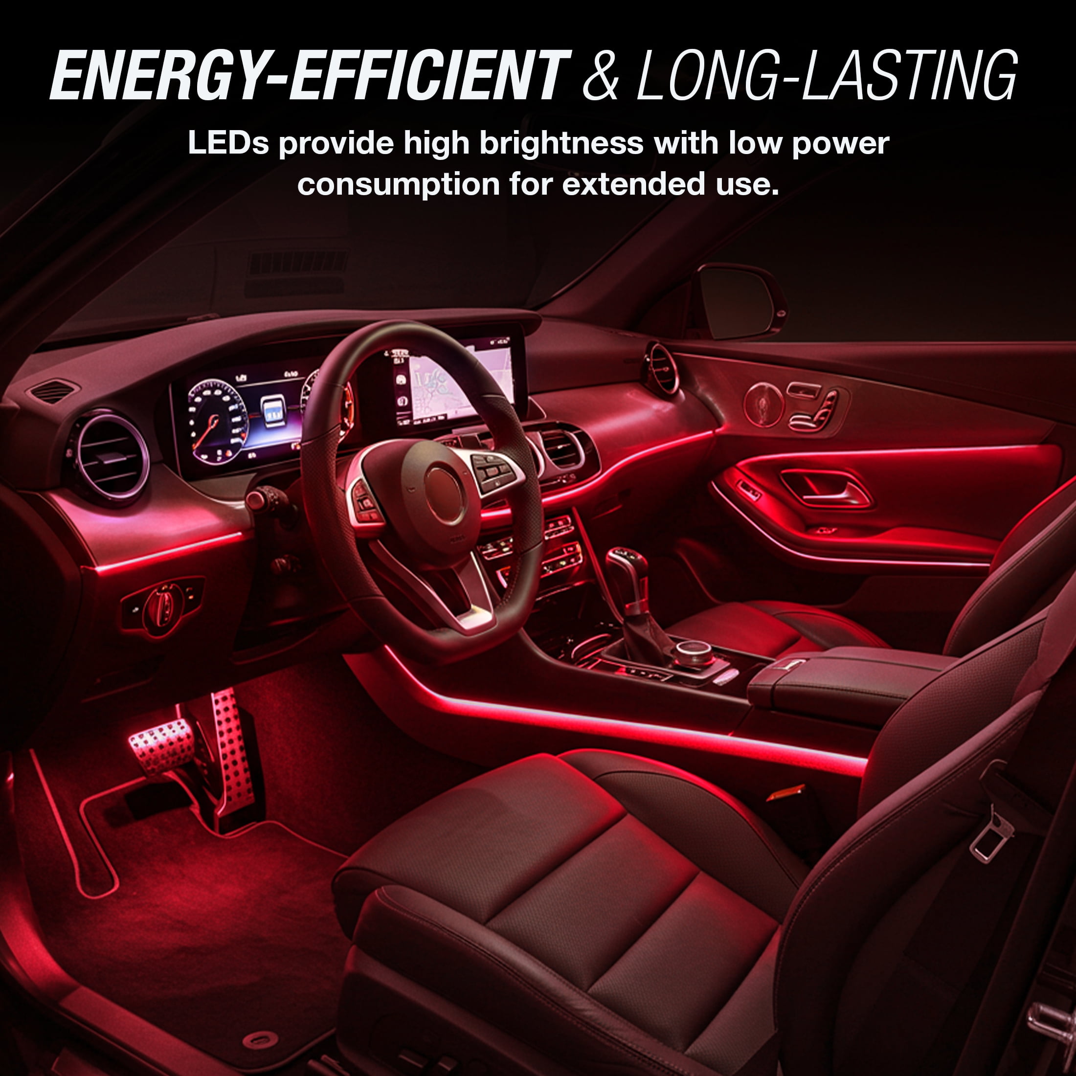 (2 pack) TYPE S - Infinite Glow Red LED Ambient Lighting - Car LED Strip Lights, Light Sync Technology, 3M Adhesive, Trimmable, 12V, 2 x 12" Red Strips, 24 inches