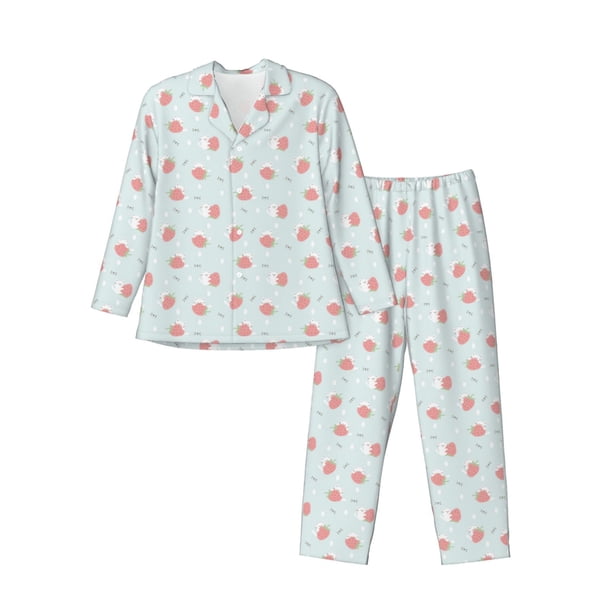 Balery Strawberry Pijama para Hombre de Dos Piezas con Manga Larga, Conjunto de Dormir y Descanso Suave con Bolsillos-Large