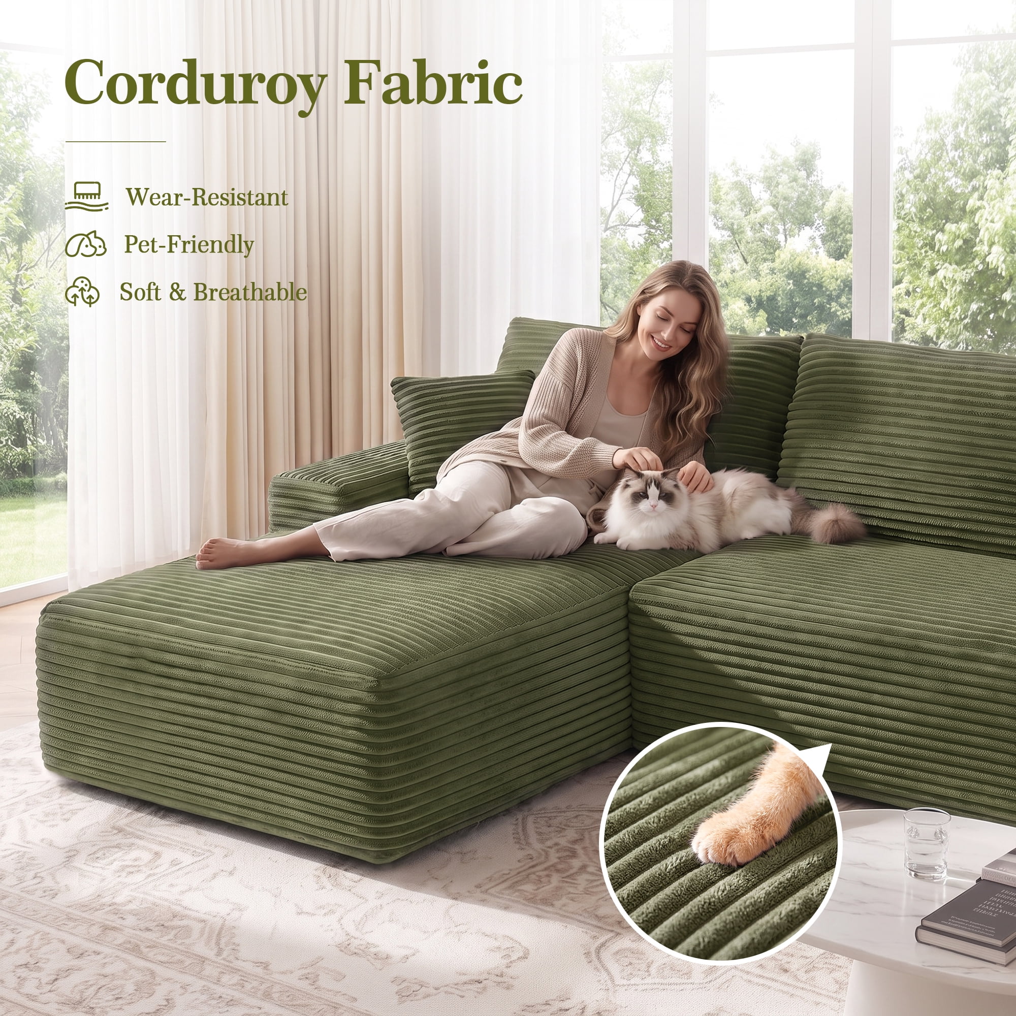Aukfa 107" Boneless Modular Sectional Sofa, L-Shaped Corduroy Couch with Deep Seat and Left-Facing Chaise for Living Room, Green