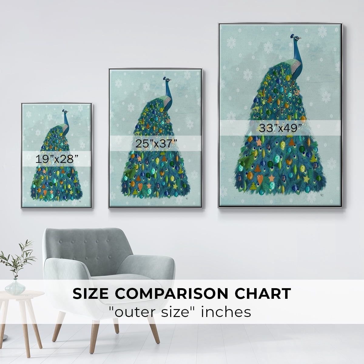 Christmas Peacock Christmas Tree - Framed Gallery Wrapped Holiday Canvas - 17 x 25 - Silver Frame