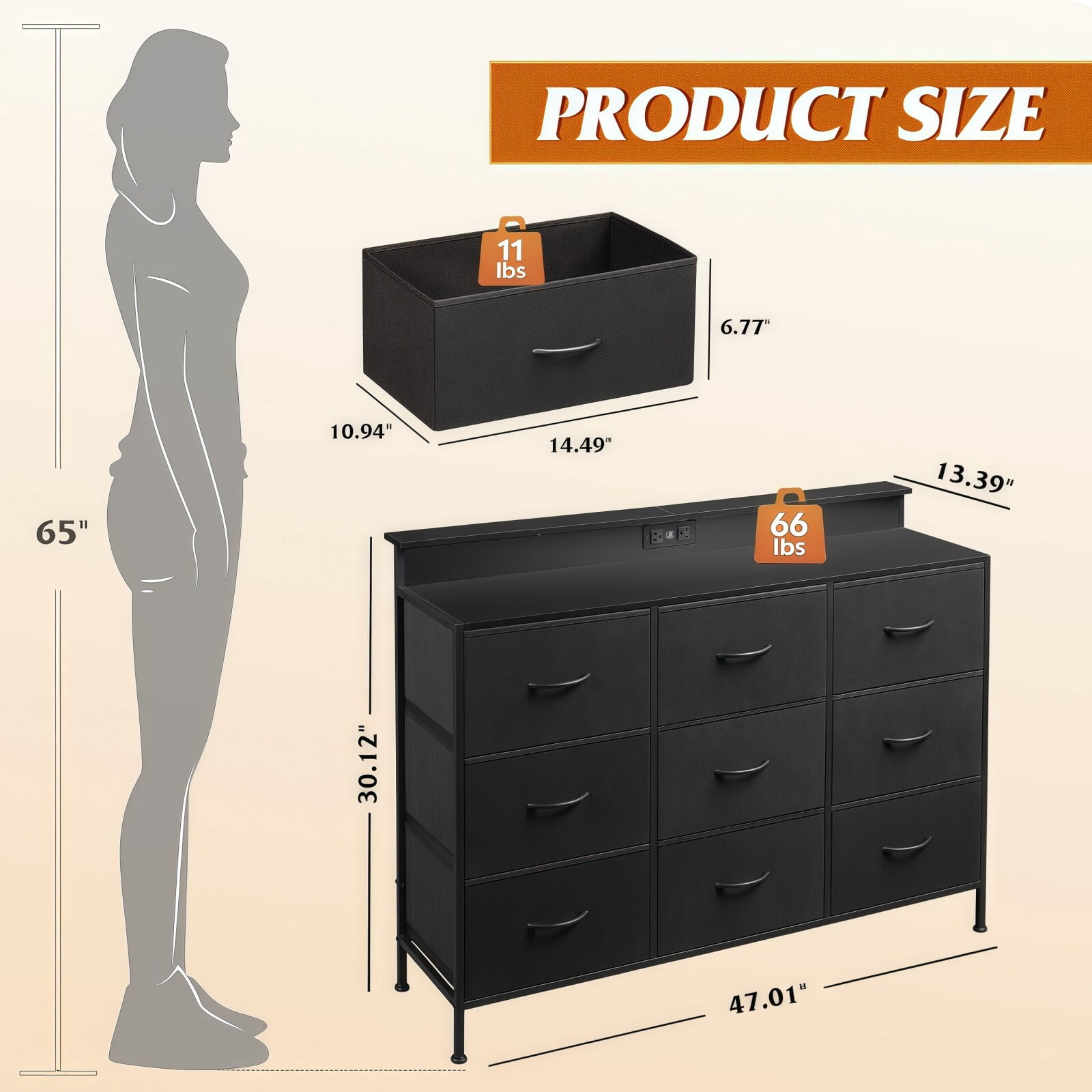 BEAUTYPEAK TV Stand Dresser with 9 Fabric Drawers LED Light AC USB-C Charging Station, Black