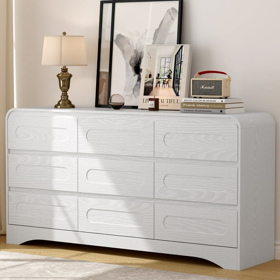 Dresser for Bedroom with 9 Drawers, 63" Large Modern Dressers & Chest of Drawers with Curved Profile Design, Wood Closet Clothes Storage Long Dressers Organizer for Bedroom Living Room Hallway, White