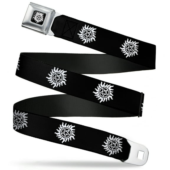 Supernatural Belt, Seatbelt Buckle Belt, Winchester Pentagram Repeat Black White, 30 to 44 Inches