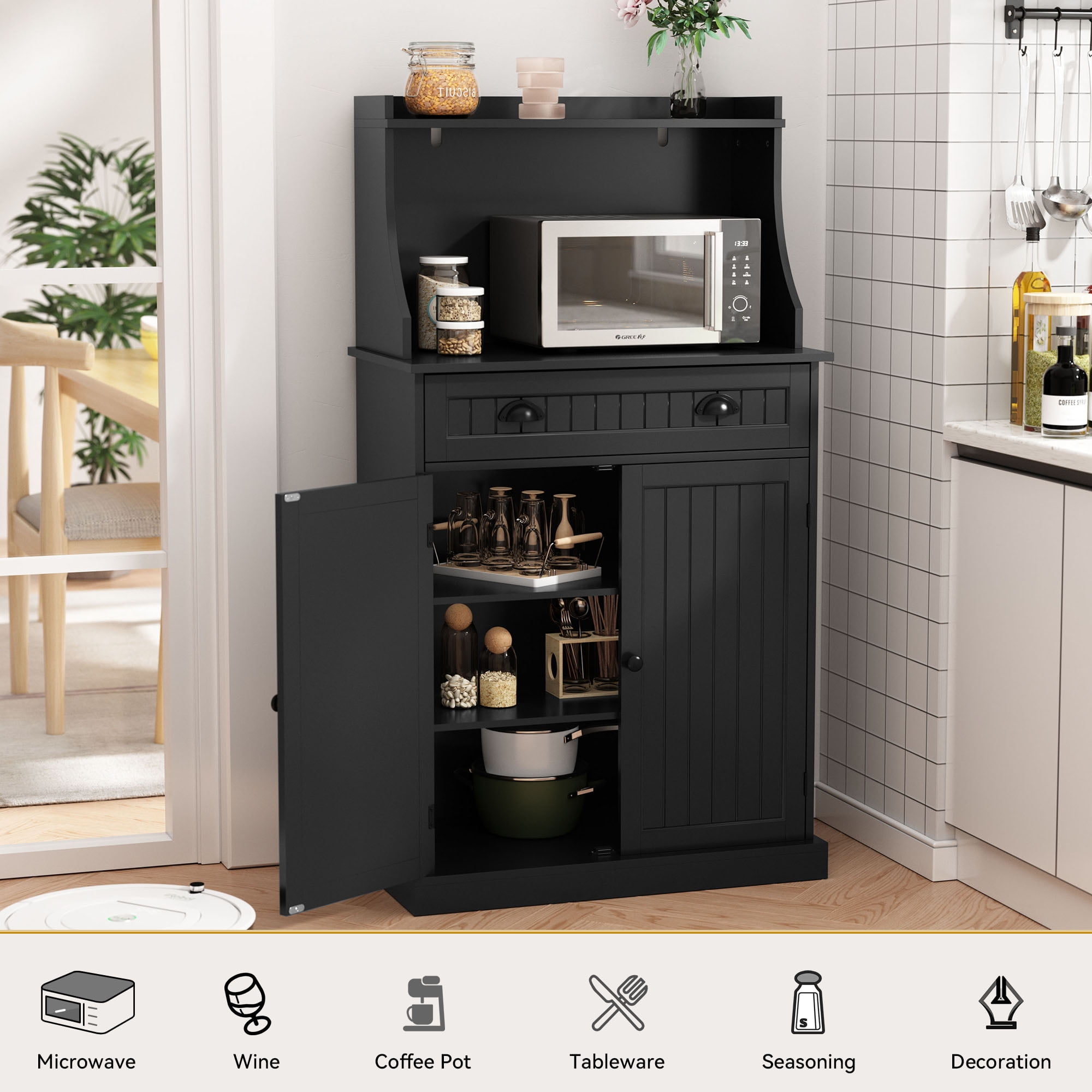 CBJCBJ 54" Kitchen Pantry Cabinet with Door & Shelves, Sideboard Buffet Cabinet with Microwave Stand for Dining Room, Black