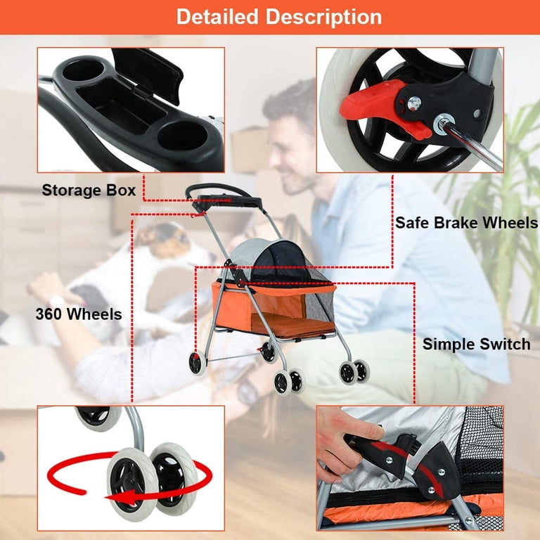 BestPet Folding Pet Stroller Travel Carrier, Orange photo 5