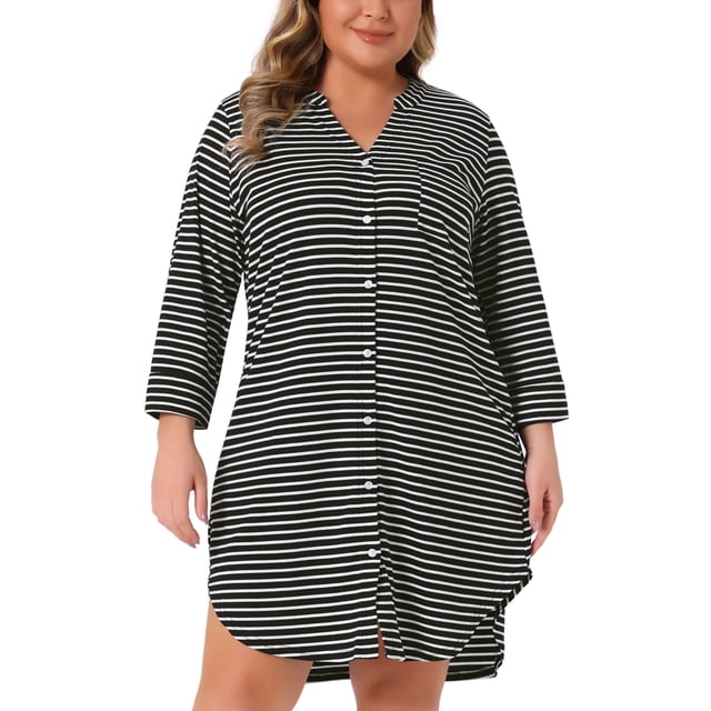 Camisón de mujer de tallas grandes Agnes Orinda a rayas con botones, escote en V, mangas de 3/4, pijama suave, vestido de lounge, noche con bolsillo 2X negro