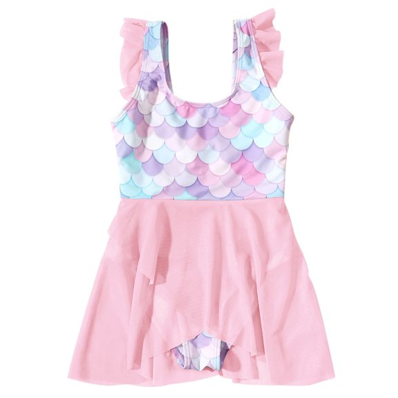 Langwyqu Summer Girls Fish Scale Print One Piece Swimsuit Flare Ruffle Bathsuit