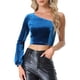 thumbnail image 1 of Tops de terciopelo para mujer Top corto recortado de manga larga con un hombro Azul real M, 1 of 5