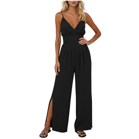 Women's Jumpsuits Spaghetti Strap V Neck Sleeveless Overalls Summer Side Slit Wide Leg Rompers with Pockets