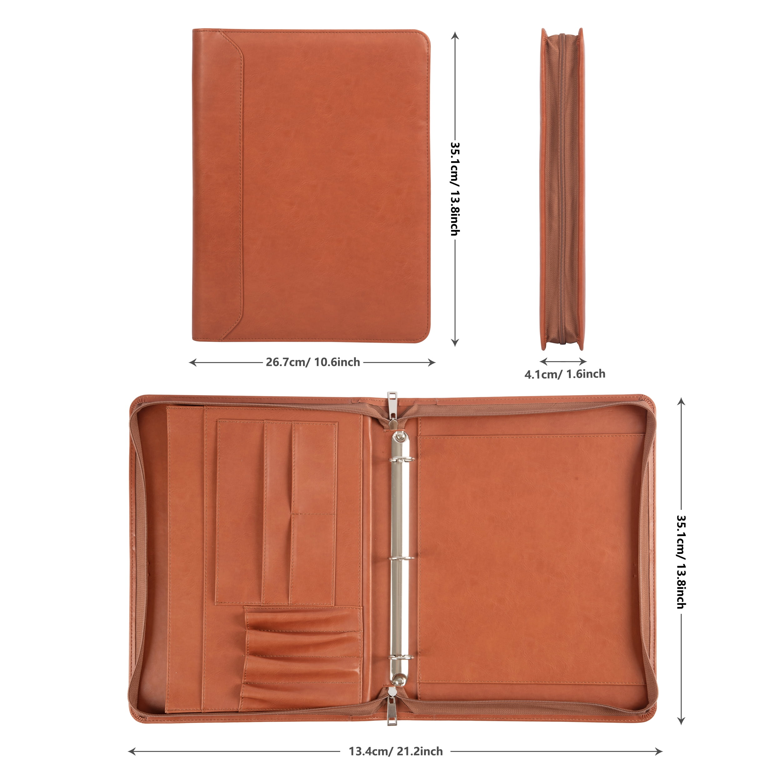 LeatherBelief Portfolio 3 Rings Binder,Zipper PU Leather Padfolio, Business Organizers with A4 Legal Pads, Gift for Him, Brown