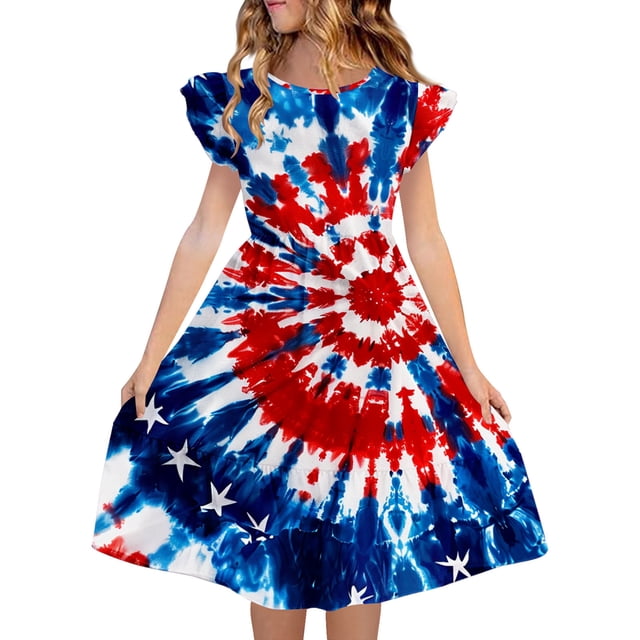 Odeerbi Niñas Día de La Independencia A-Línea Vestido Acampanado Verano Patriótico Estrella Raya Cuello Redondo Vestido Casual Con Bolsillos