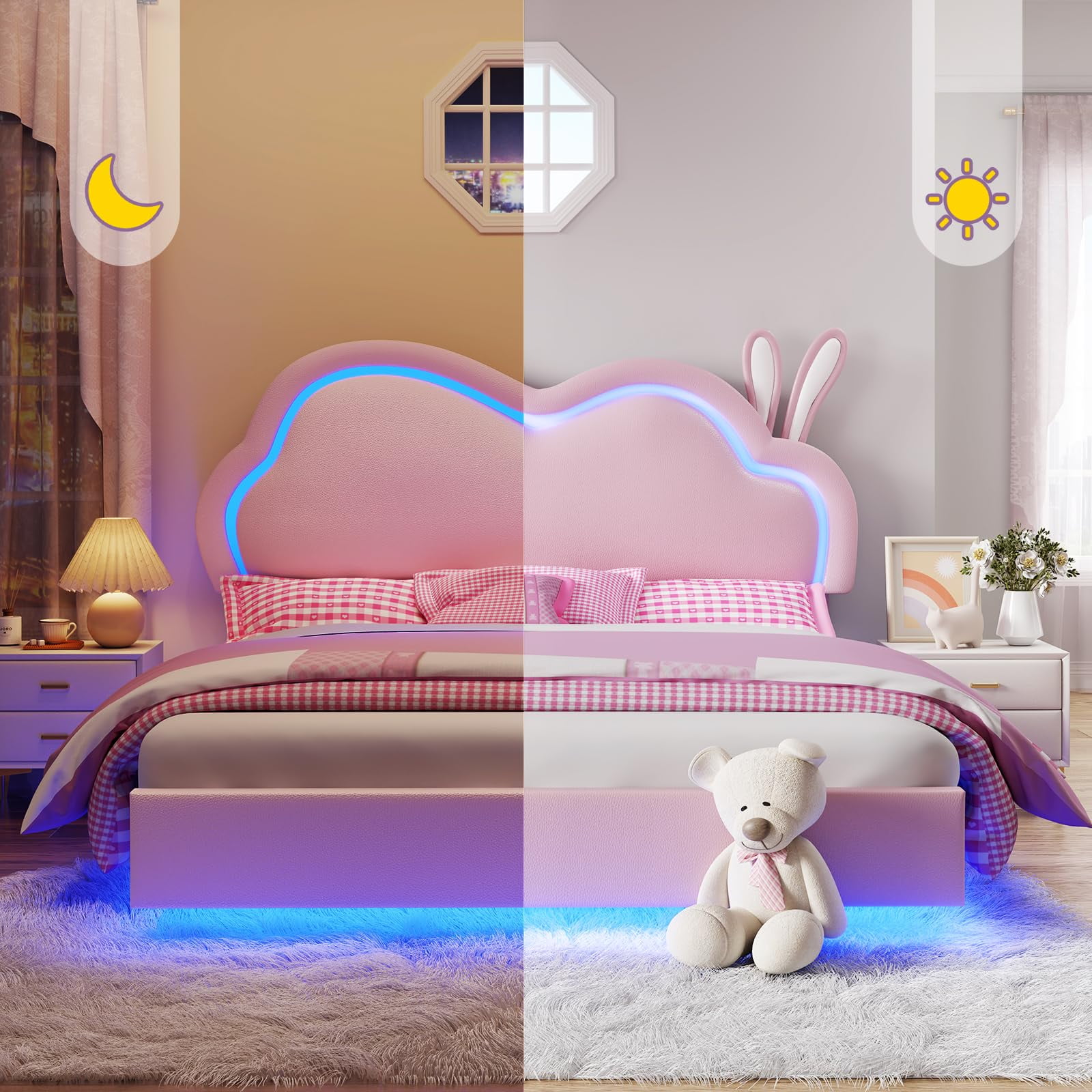 Merluxy Floating Full Bed Frame with Adjustable LED Headboard, Leather Upholstered Platform Bed Frame with Wood Slats Support, Easy Assembly, Pink