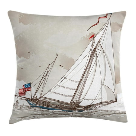 Antique Yacht Vintage Throw Pillow Cushion Cover, Illustration of a Retro View of Antique American Yacht with Flags Ocean, Decorative Square Accent Pillow Case, 16 X 16 Inches, Light Grey Tan White, by Ambesonne ()