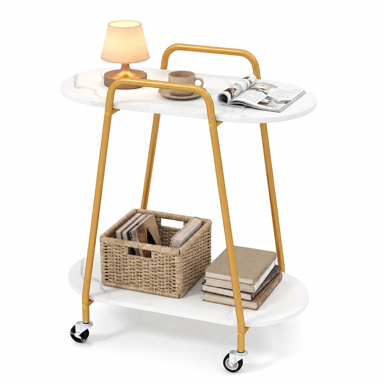 Furnibear 2 Tier Rolling End Table with Faux Marble Top and Lockable Wheels for Small Living Room Bedroom and Sofa Side, White