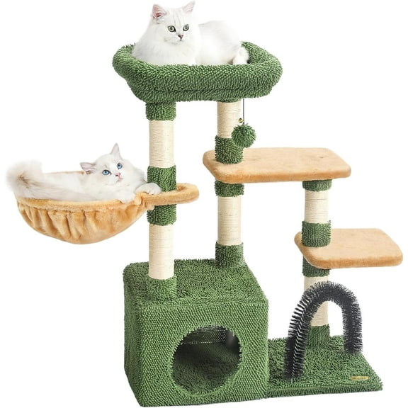 HOOPET 32IN Cactus Cat Tree for Indoor Cats - Multi-Level Cat Tower with Hammock, Condo, Scratching Posts（Green）