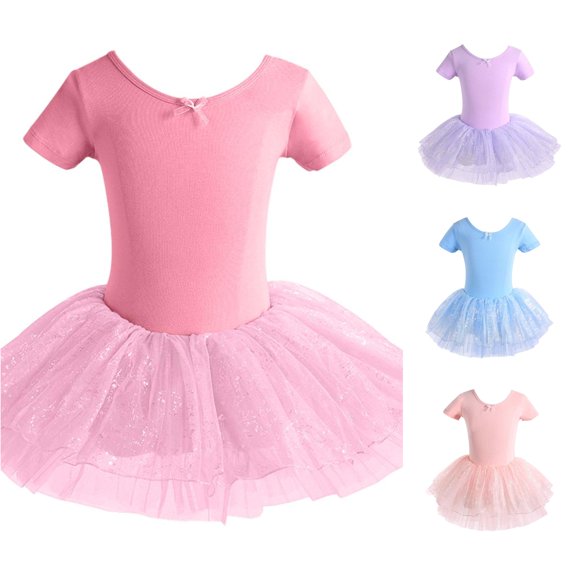JAJAHO Ballet Leotards For Girls Dance Leotard With Skirt Criss-Cross Back Stretchy Short Sleeve Ballerina Gymnastics Outfit 1-14Y