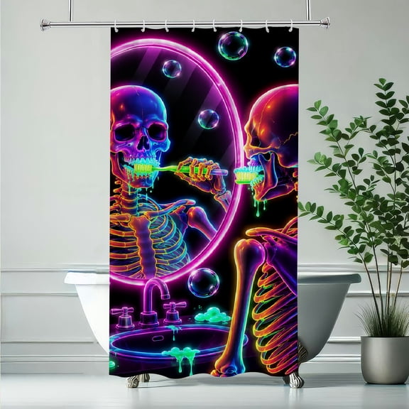 RKSupls Neon Skeleton Brushing Teeth Waterproof Shower Curtain Polyester Shower Curtain with Hooks for Chic Elegant Home Bathtub Bathroom Decor