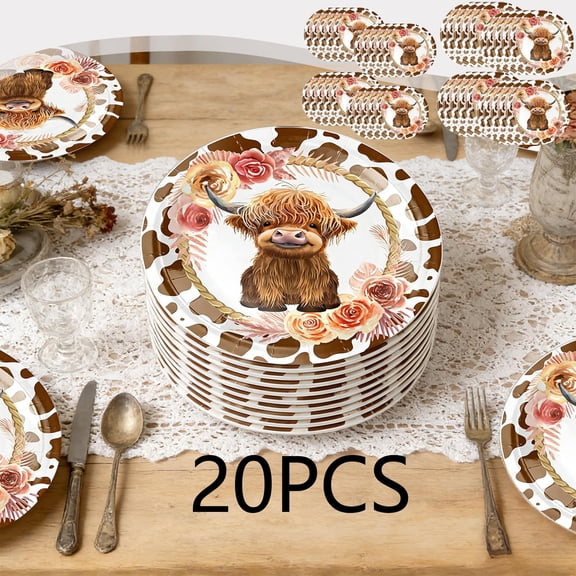 FEOLGEHLY 20PCS Disposable Plates, Highland Cow-Themed Paper Plates 9 Inch, Paper Food Trays, Fruit Trays For Serving For Party, Summer Paper Plates, for Party Decorations & Events (L)