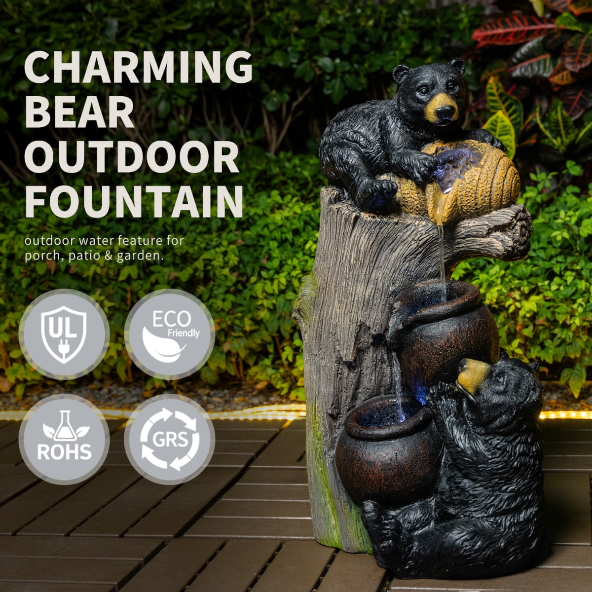 Bear Outdoor Water Fountain with LED Lights Cascading 23.62 Inch Garden Decor for Patio Yard Balcony