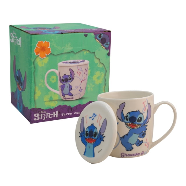 Taza de Cerámica con Tapa, Diseño Stitch Groove It, Lilo & Stitch, Colección Disney Clásicos, Capacidad 385 ml con Caja de Regalo