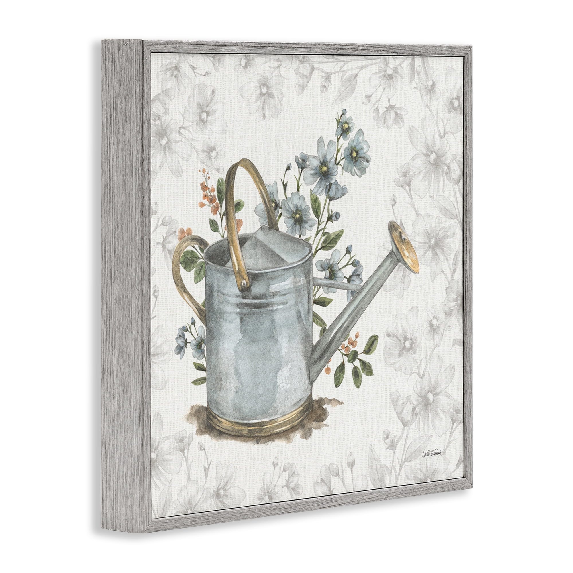 Stupell Industries Floral Watering Can Botanical & Floral Painting Gray Framed Art Print Wall Art, 12 x 12