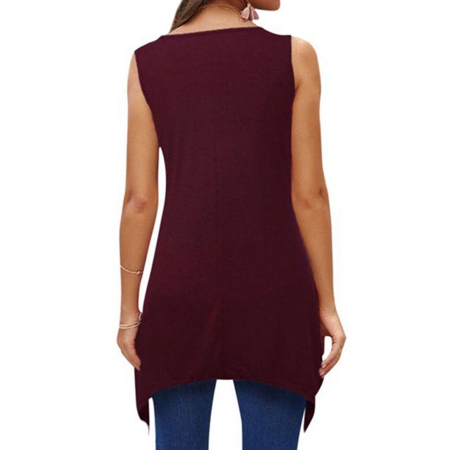 Qarigey Camiseta sin mangas de color sólido con cuello y dobladillo irregular Prendas para la parte del cuerpo Café SG