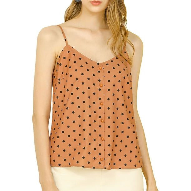 Allegra K Women's Polka Dot V Neck Spaghetti Strap Button Up Cami Top 