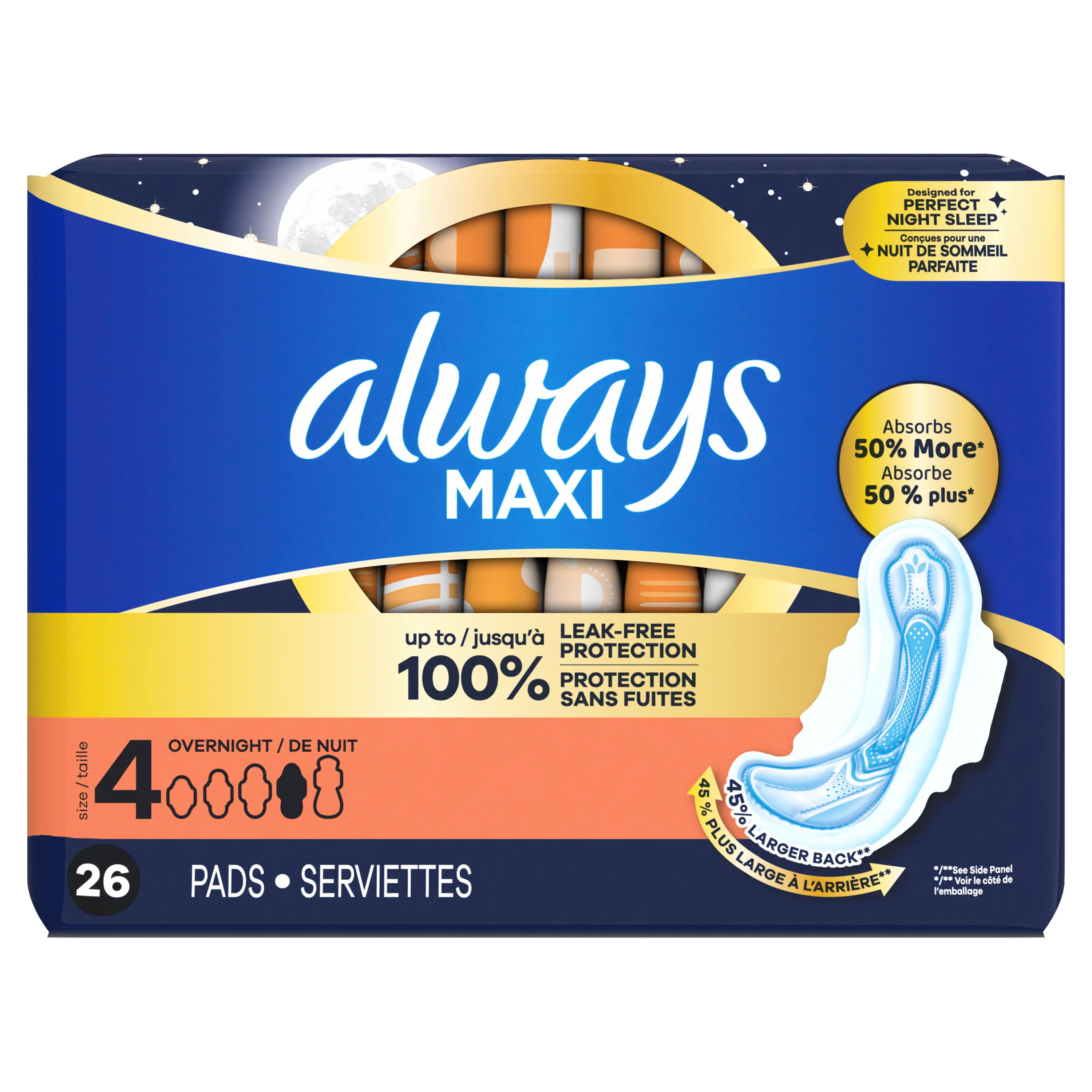 Serviettes Always Maxi de nuit, degré d’absorption de nuit, avec ailes, pour femmes, taille 4, non parfumées 26CT