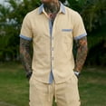 thumbnail image 2 of Men's 2 Piece Beach Outfit, Button Down Short Sleeve Shirt With Striped Trim And Drawstring Shorts Set, Lightweight Linen Style Casual Summer Vacation Suit,Khaki,L, 2 of 4