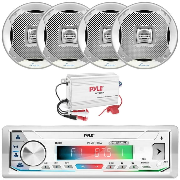 Pyle PLMRB39W LCD Display Single-DIN Marine Bluetooth USB/AUX MP3 Player AM/FM Radio Stereo White Receiver, 4x 6.5" 400W Max Power 2-Way Water Resistant Boat Silver Speakers, 4-Channel 800W Amplifier