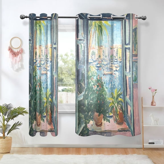 Yayeee Window Curtains Light Filtering 63"x42" Grommet Panel Pair Home Living Room Decor, Blue Sea Boat