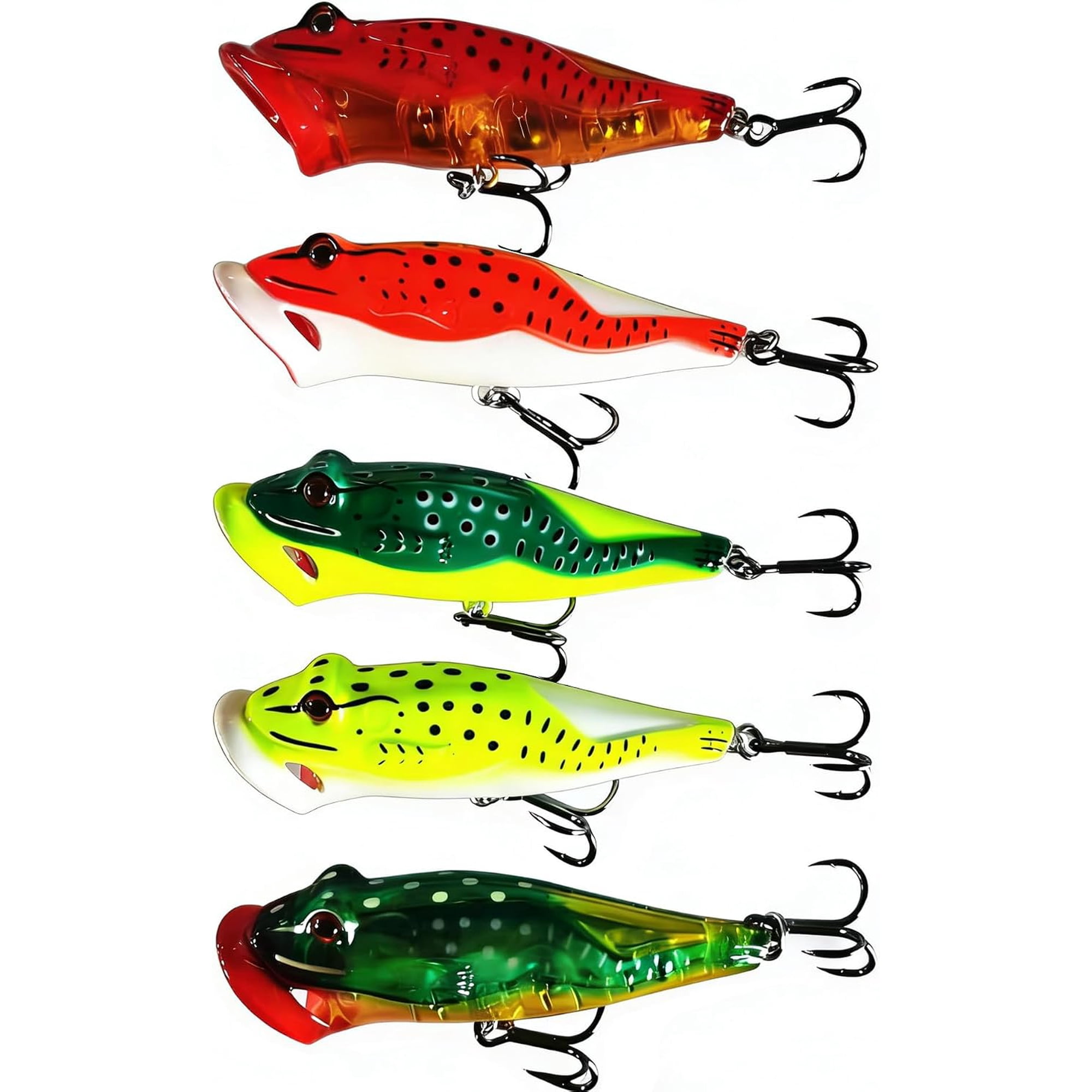 5PCS Topwater Frog Lures 3.15in 0.44oz Popper Bass Bait with Noise Ball & Treble Hooks Freshwater Saltwater Tackle