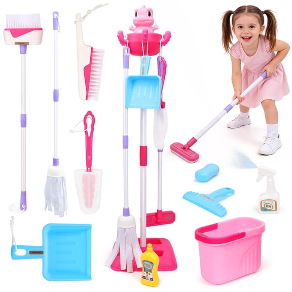 JoyStone 12 Pcs Dinosaur Kids Cleaning Set, Pretend Play Kit Toddler Role Play Toys Kids Broom and Mop Set for Girls Boys Age 3 , Christmas Birthday Gift for Girls Boys, Pink
