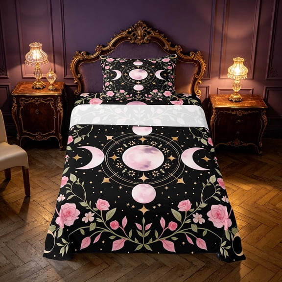 Homewish Bohemian Moon Phase Twin Sheets, Pink Flower Blossom Bedding, 3-Piece, 1 Flat Sheet, 1 Fitted Sheet and 1 Pillowcase