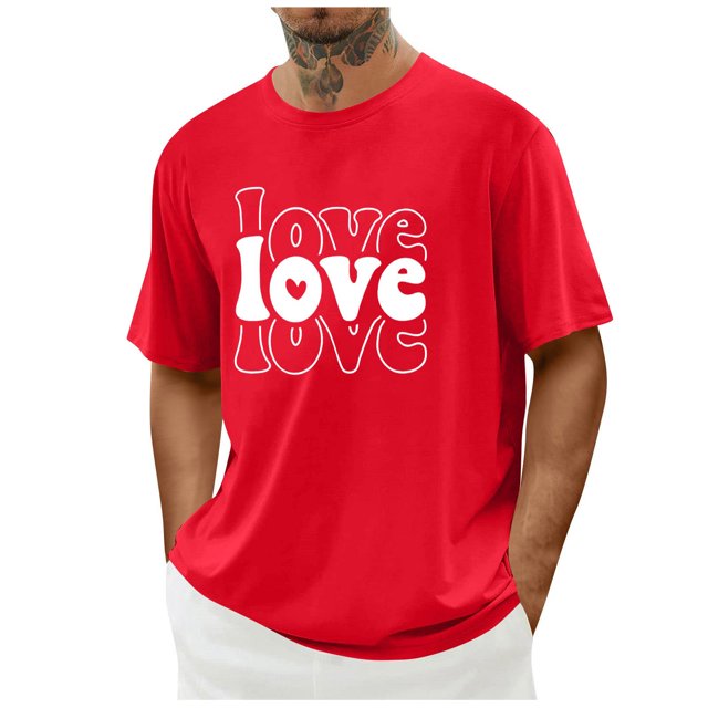 Tops para hombre, blusas y camisas de cuello redondo y manga corta para hombre. Camiseta/camisa informal de cuello redondo y manga corta con estampado de corazones para hombre. Tops de poliéster para