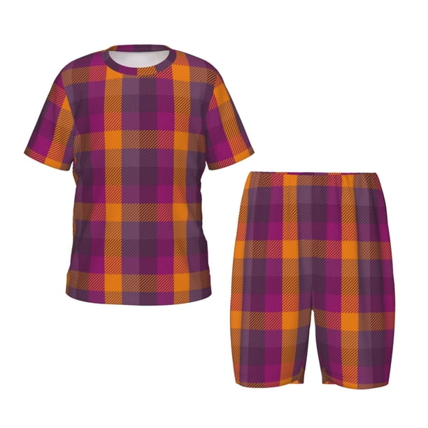 Balery Orange and Purple Plaid Conjunto de Pijama Infantil de Manga Corta con Estampado – Ropa de Dormir de Algodón Suave-Small
