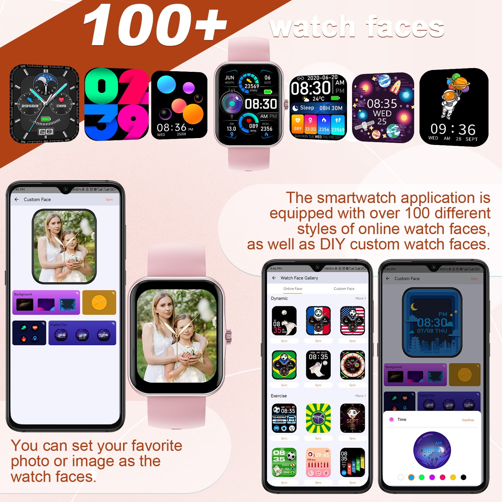 PTHTECHUS 1.83'' Smart Watch for Kids Sport Smartwatch with 37 Sports Modes DIY Watch Touchscreen Phone Calls Music Calculator Excellent Gift for Teenage(Pink)