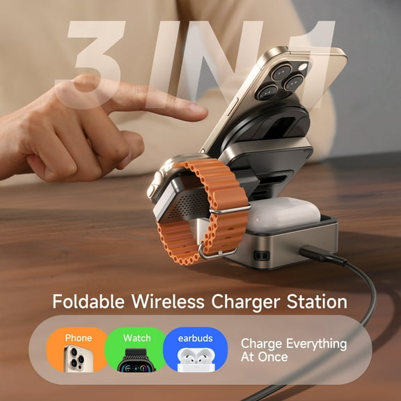 ZEEHOO 3-in-1 Foldable Magnetic Wireless Charging Station, Qi2 Certified 15W Travel Charger Stand Dock for iPhone 17/16/15/14/13/12 Series, Apple Watch, AirPods (30W Adapter Included)
