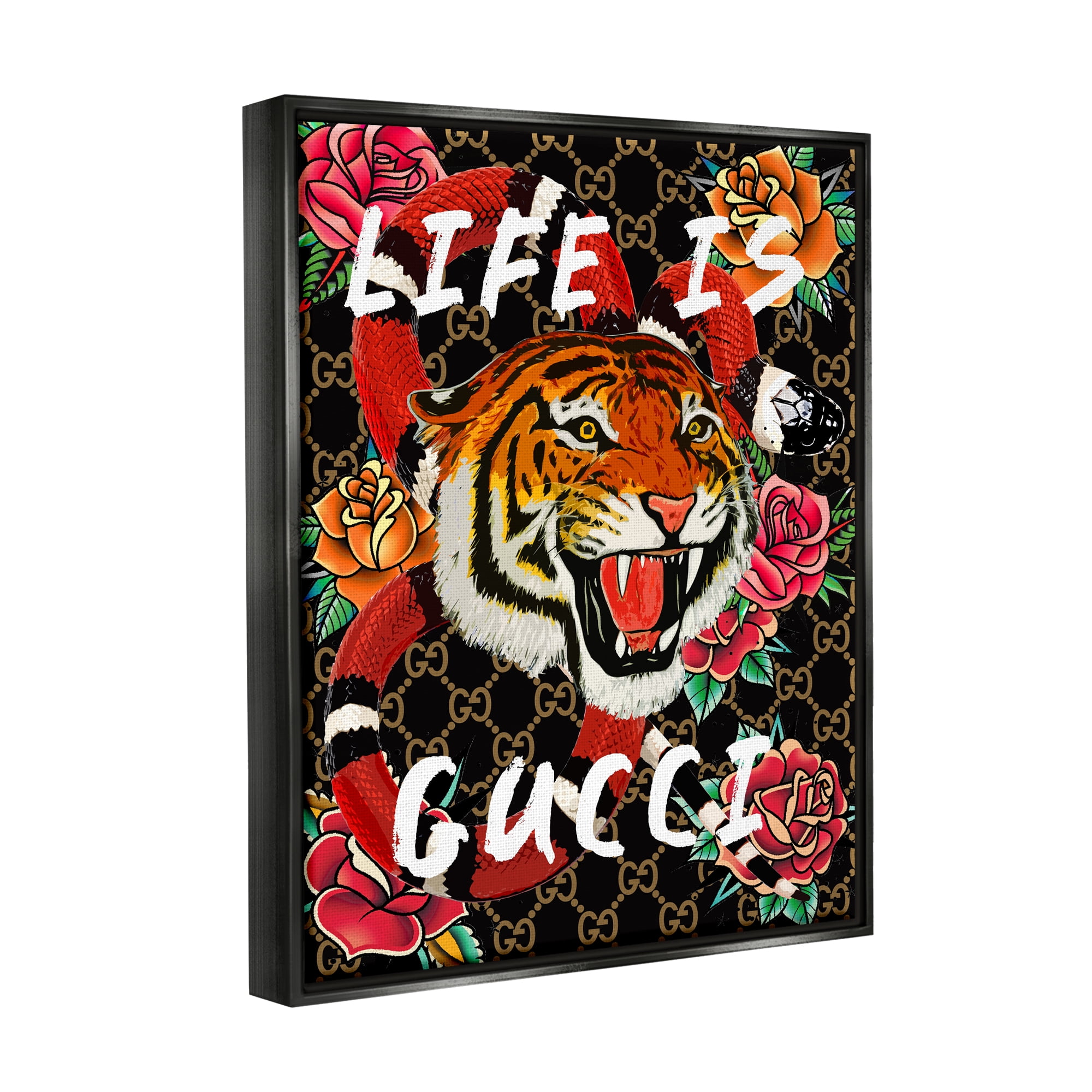 Stupell Industries Tiger & Roses Phrase Animals & Insects Painting Black Floater Framed Art Print Wall Art, 17 x 21