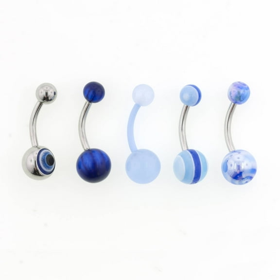 Women's Stainless Steel Belly Ring Set with Blue Eye Accents, 14 Gauge, 5-Pack