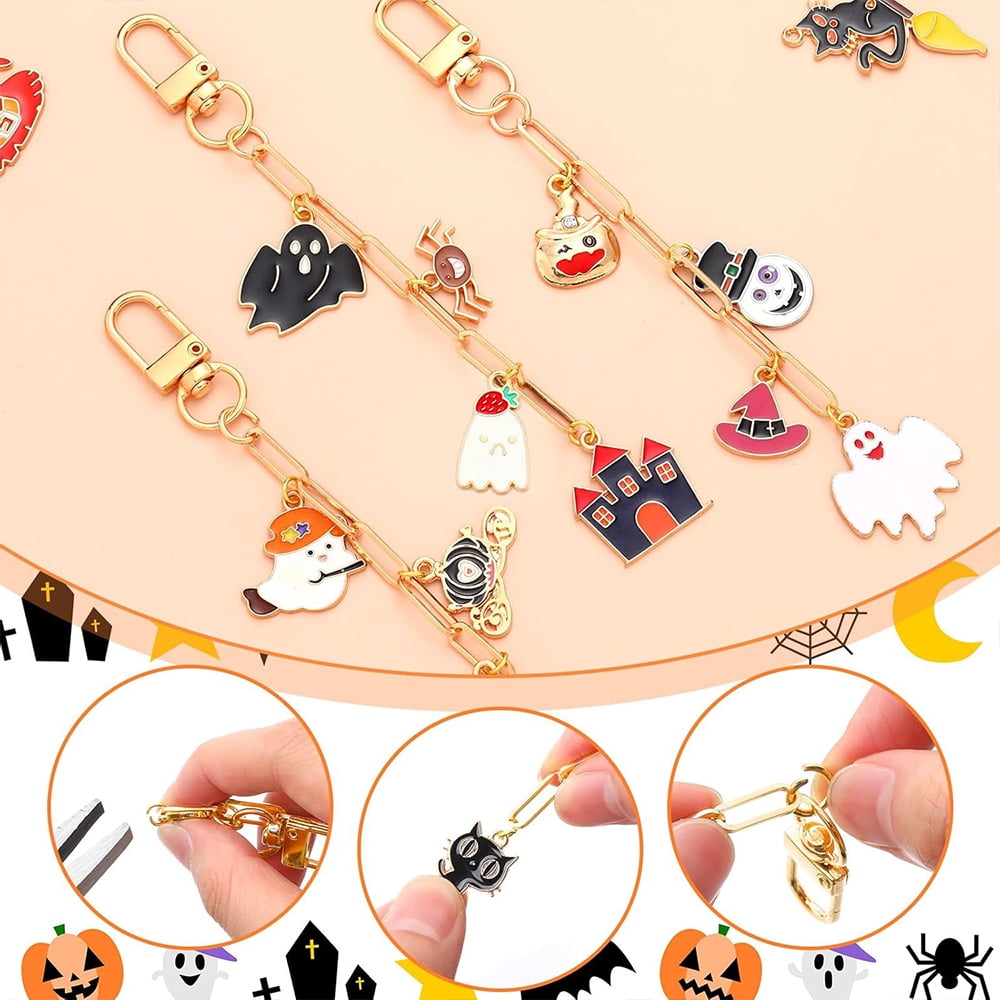 Januofit 286 Pieces Halloween Charms Keychain Making Kit Halloween Ghost Black Cat Bat Witch Hat Charms for DIY Carfts Keychains Jewelry Making Adult Party Favor Women Bag Gifts