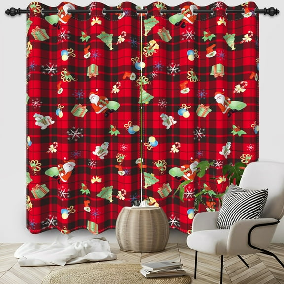 Nanqianyi Christmas Santa Snowflakes Red Plaid Blackout Curtains for Living Room Window Decoration, 42x84 inch 2 Panels