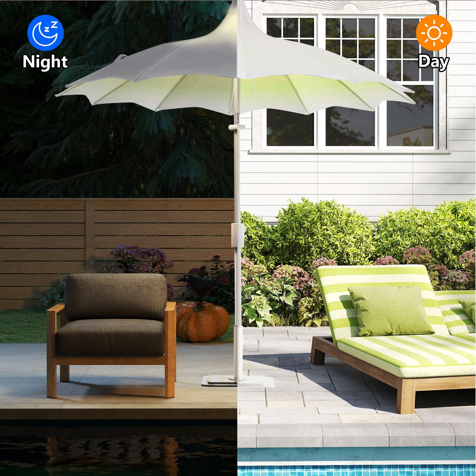 Decksplore 9ft Outdoor Pagoda Patio Umbrella with Lights, Patio Table Market Umbrella with Petal Design Canopy, 360° Rotation, Push-Button Tilt for Deck, Poolside or Garden
