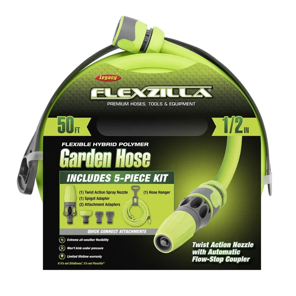 Legacy Flexzilla Garden Hose Kit w/ Quick Connect, Nozzle, & Hanger, 1/2" x 50'